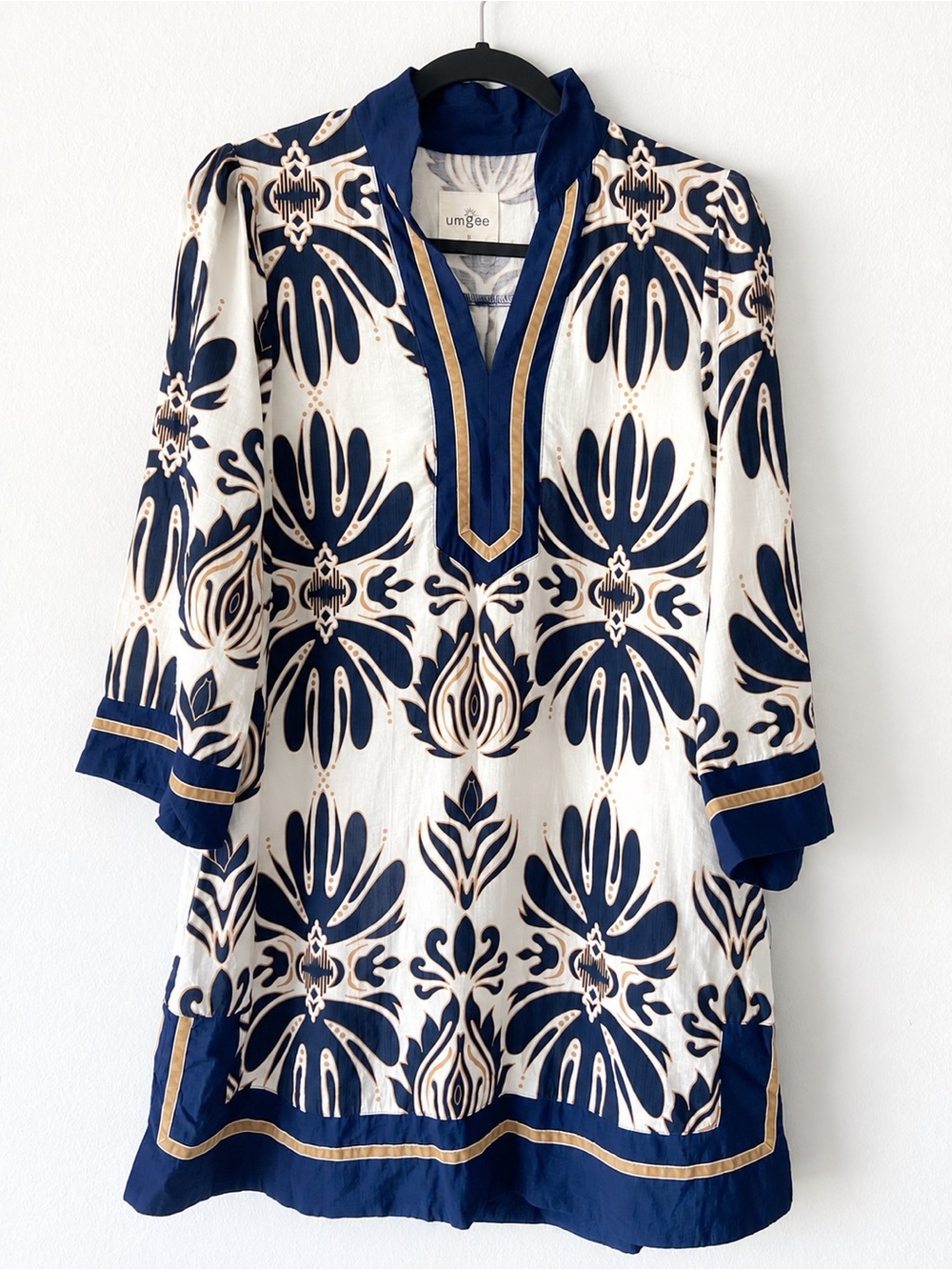 Umgee Navy Cream Boho Print Tunic Dress 3/4 Sleeve Size S